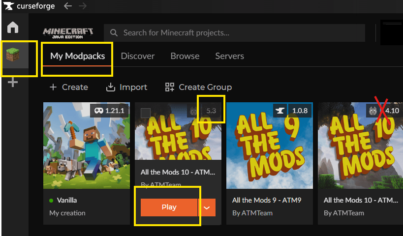 Screenshot showing how to launch the ATM10 modpack from CurseForge